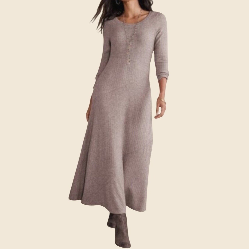 NEW Soft Surroundings Medium Brown Ribbed Long Sleeve Clio Maxi Dress Minimalist